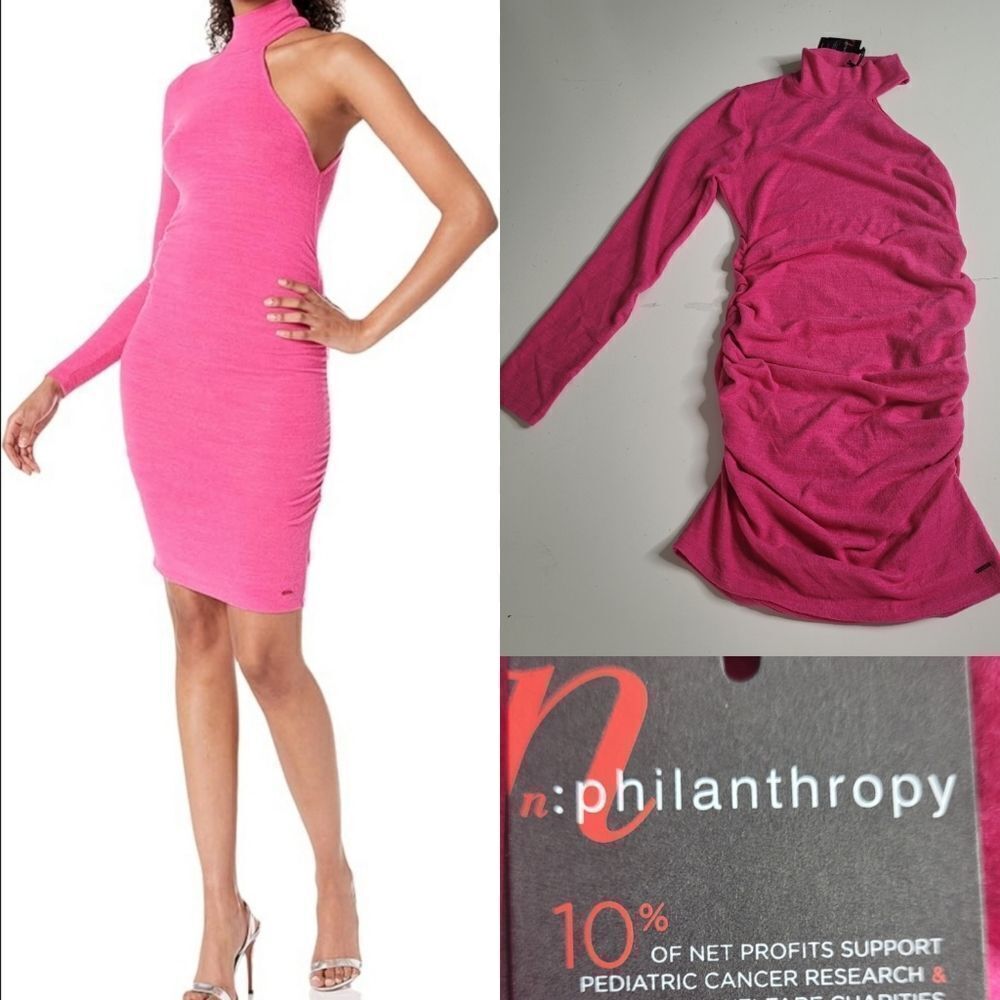 NEW REVOLVE NPHILANTHROPY STRETCH PINK ONE SLEEVE RUCHED MINI DRESS L LARGE NWT